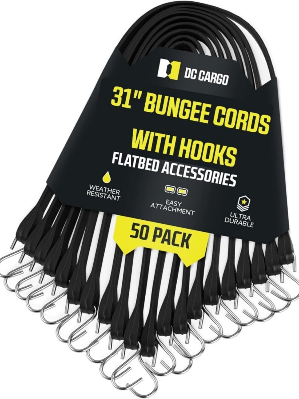 Pack of 50 Heavy-Duty Tarp Straps - 31" Rubber Bungee Tie-Downs w/Metal S-Hooks